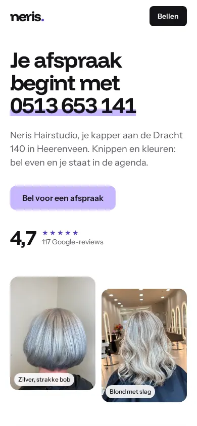 Voorbeeld op een telefoon: de nieuwe site met het telefoonnummer groot bovenaan