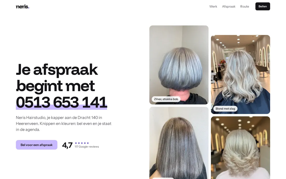 Richting C: strakke witte site met het telefoonnummer als kop en lila accent
